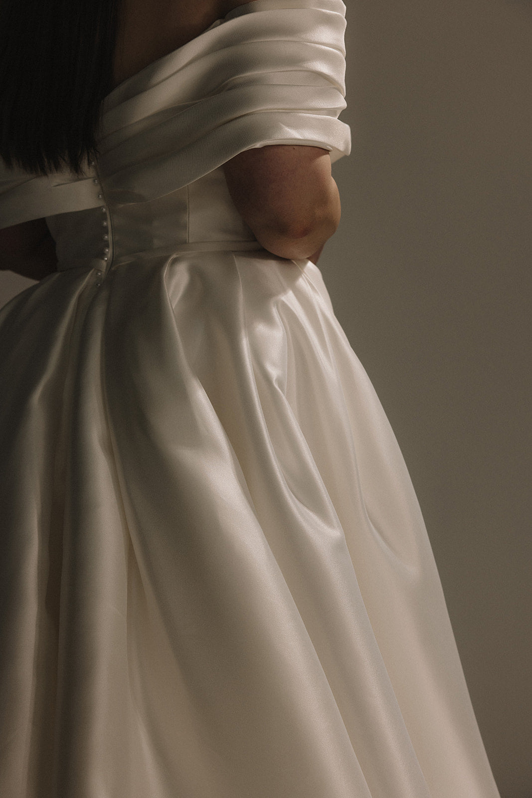 Plus Size Off Shoulder Satin A-Line Wedding Dress with Pockets & V-Neck