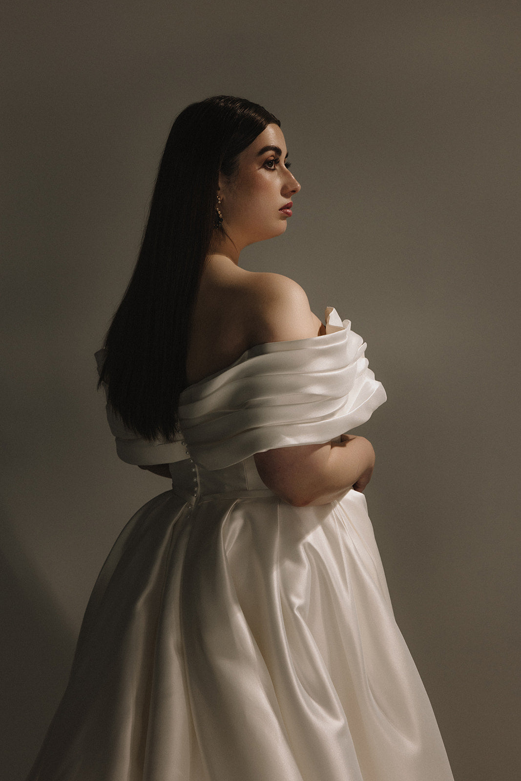 Plus Size Off Shoulder Satin A-Line Wedding Dress with Pockets & V-Neck