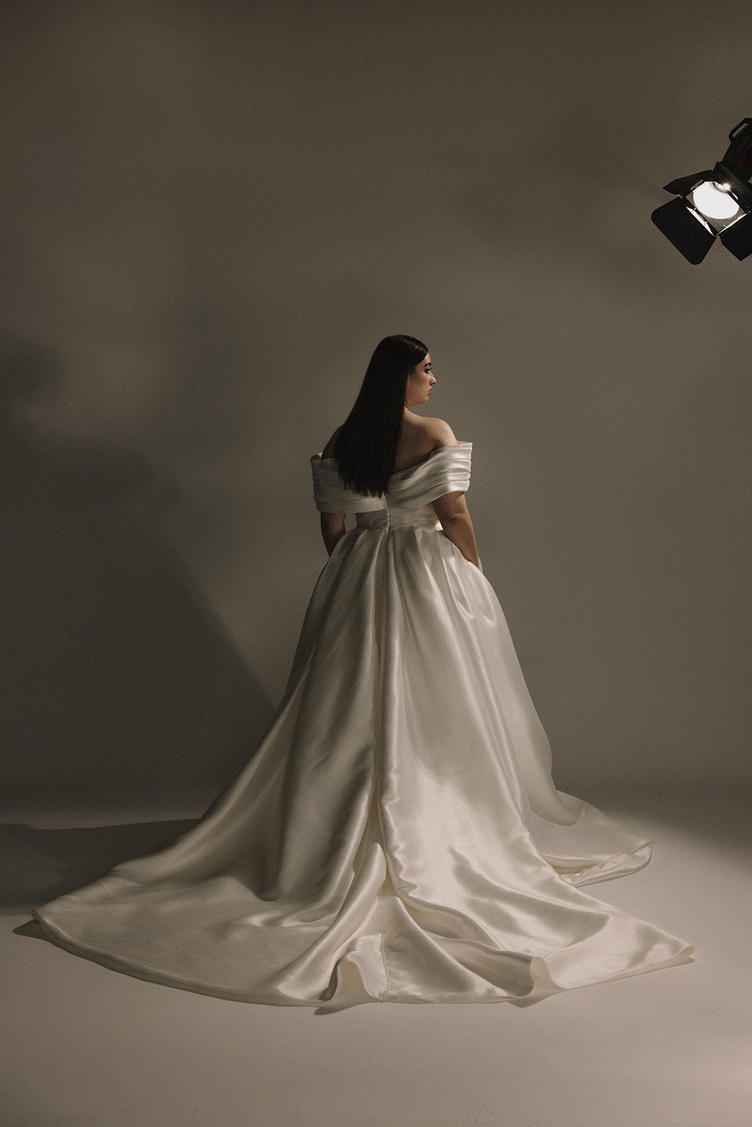 Plus Size Off Shoulder Satin A-Line Wedding Dress with Pockets & V-Neck