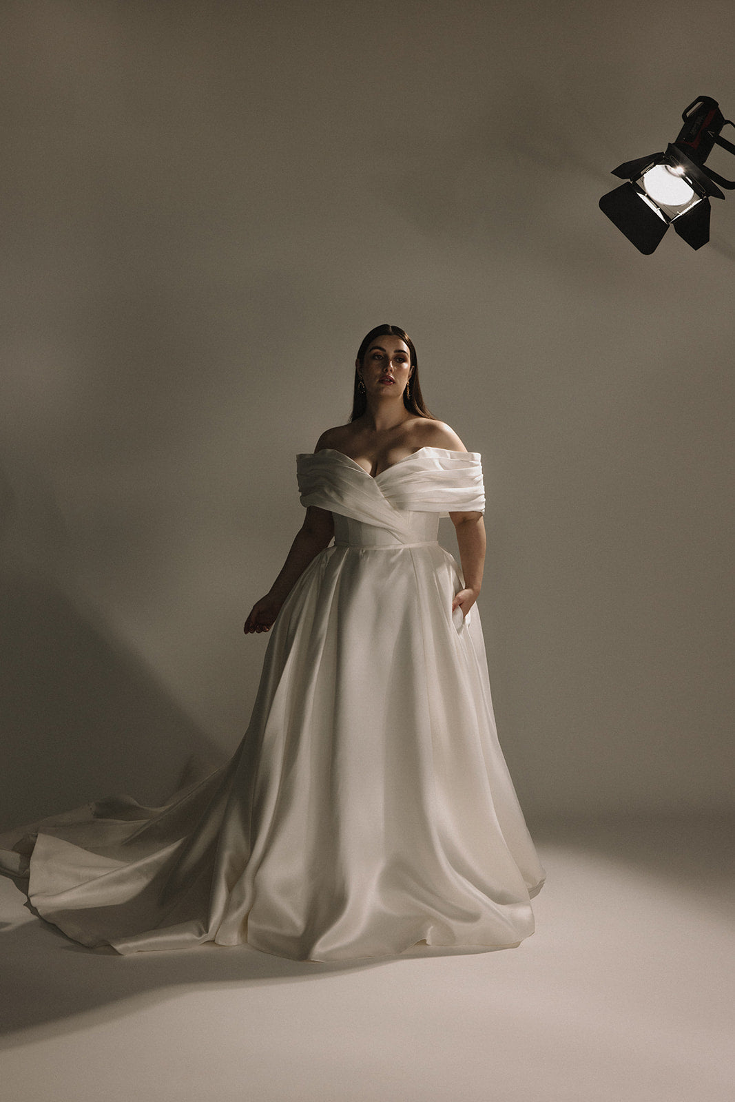 Plus Size Off Shoulder Satin A-Line Wedding Dress with Pockets & V-Neck