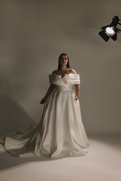 Plus Size Off Shoulder Satin A-Line Wedding Dress with Pockets & V-Neck