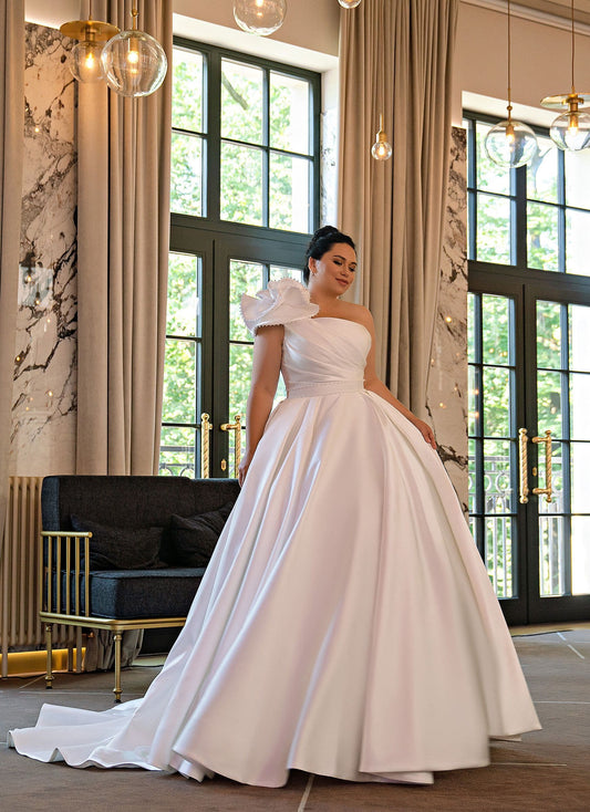 Plus size one-shoulder satin ball gown wedding dress front view