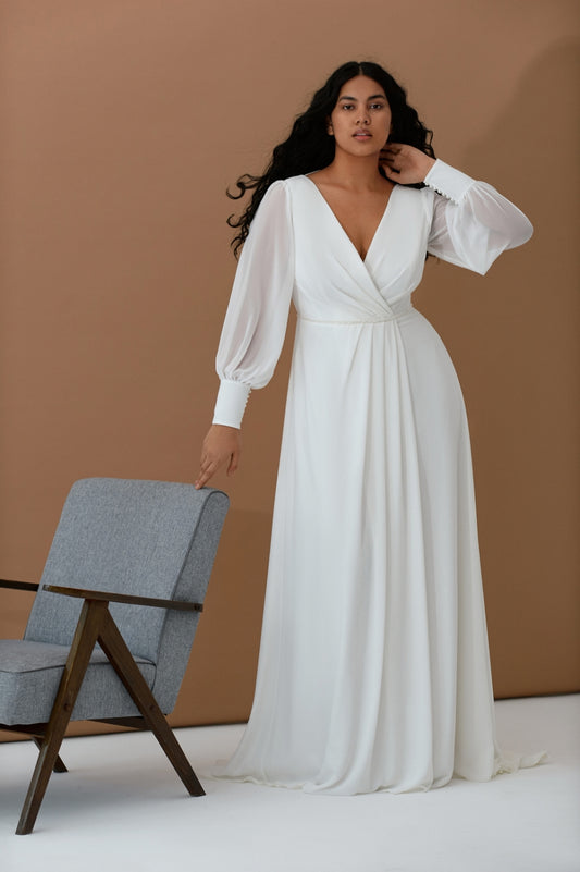 Plus size puff sleeve chiffon wedding dress front view