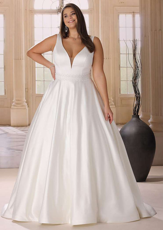 Plus size satin A-line wedding dress with deep V-neckline front view