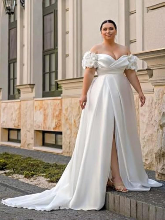 Plus size satin off-shoulder A-line wedding dress front view