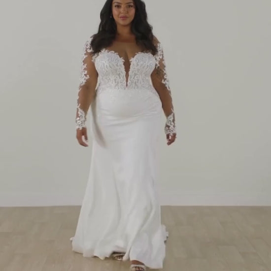 Back view of satin mermaid bridal gown with illusion back and buttons