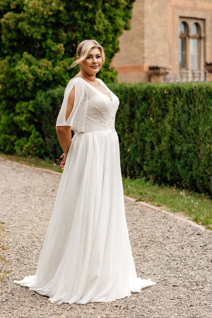 Romantic civil wedding dress for curvy brides with lace detailing and comfortable chiffon fit