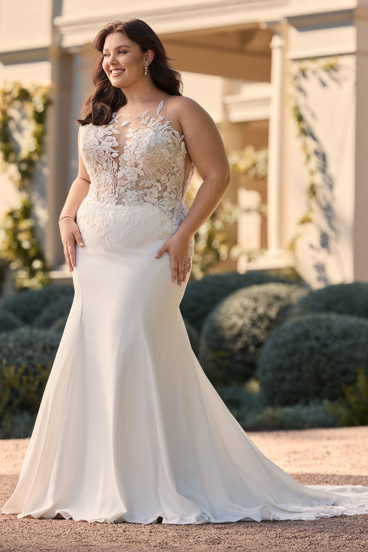 Romantic plus size mermaid wedding dress with illusion neckline