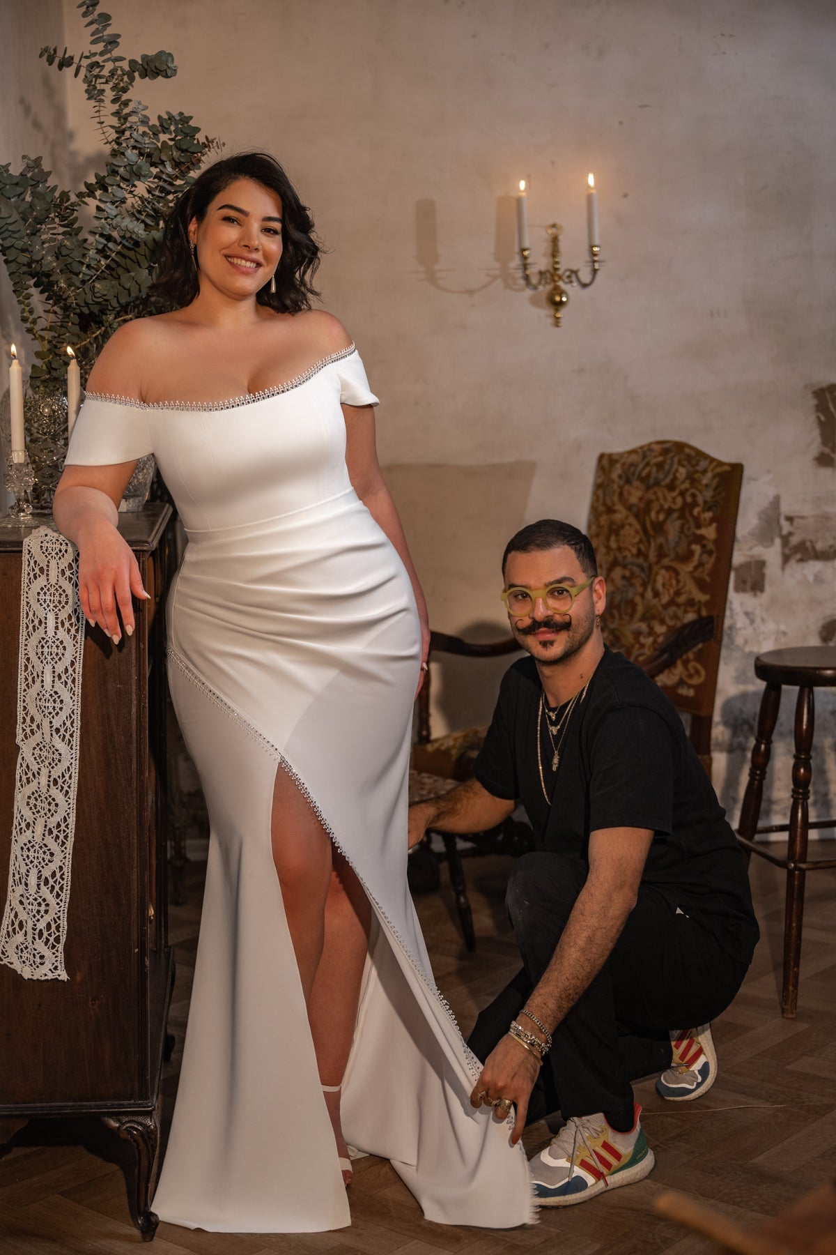 Satin off-shoulder wedding dress designed for curvy bride