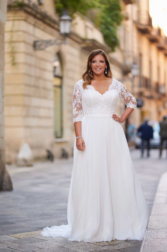 Elegant Plus Size A-Line Wedding Dress with V-Back & Chiffon Sleeves