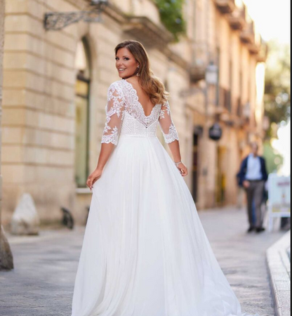Elegant Plus Size A-Line Wedding Dress with V-Back & Chiffon Sleeves