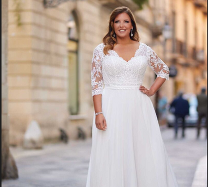 Elegant Plus Size A-Line Wedding Dress with V-Back & Chiffon Sleeves
