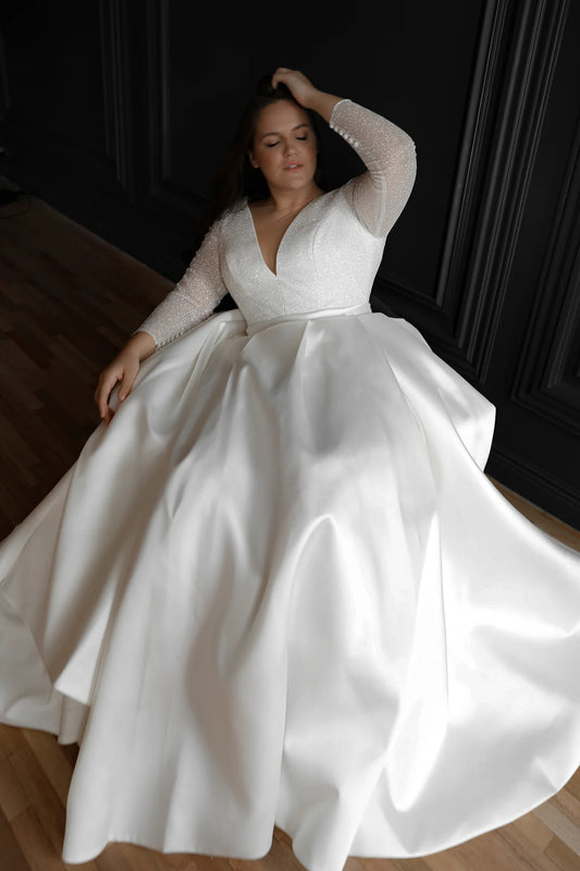 Sparkling plus size satin wedding dress with long sleeves and A-line skirt