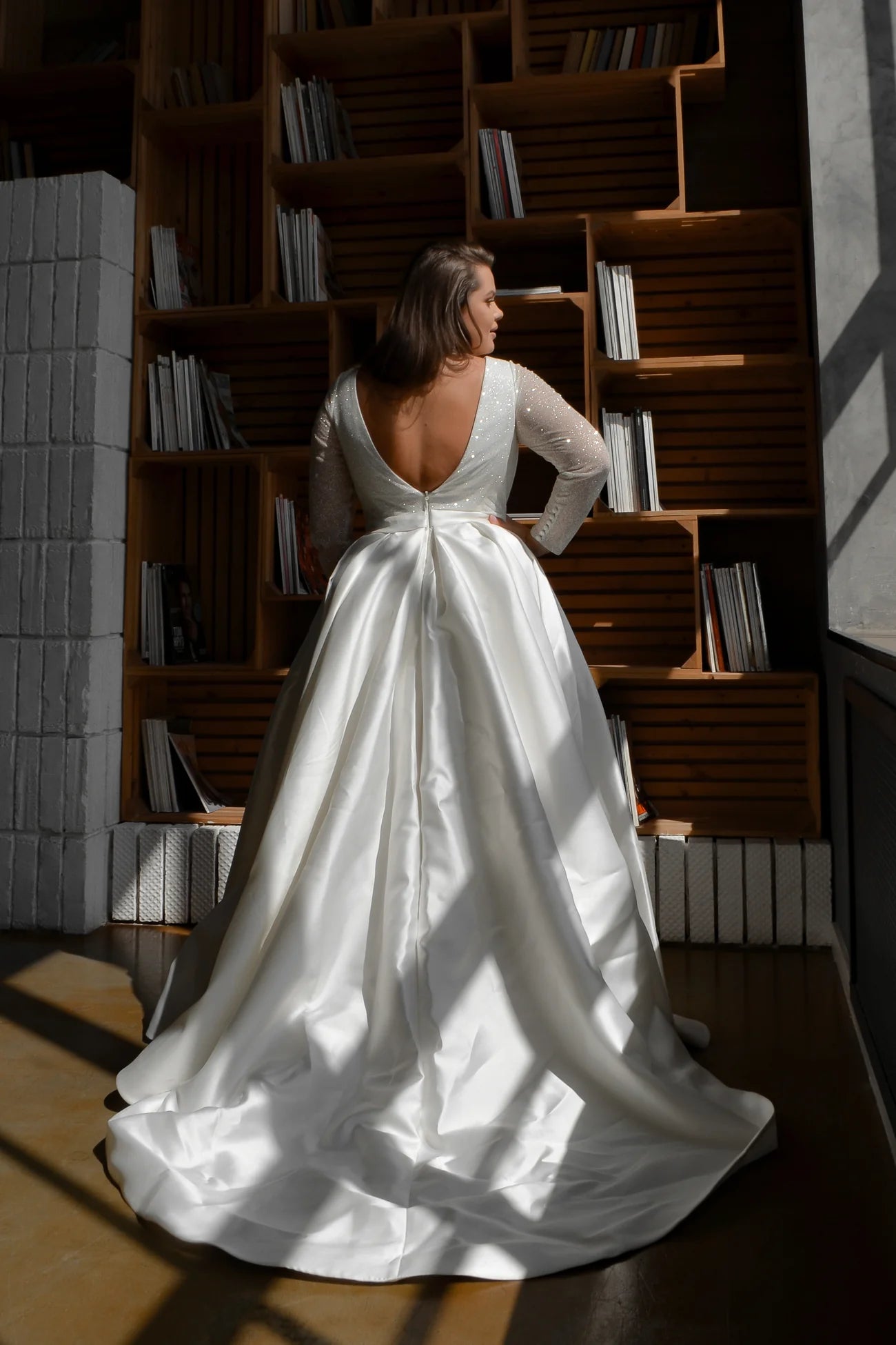 Sheer sparkling long sleeves on plus size satin bridal gown